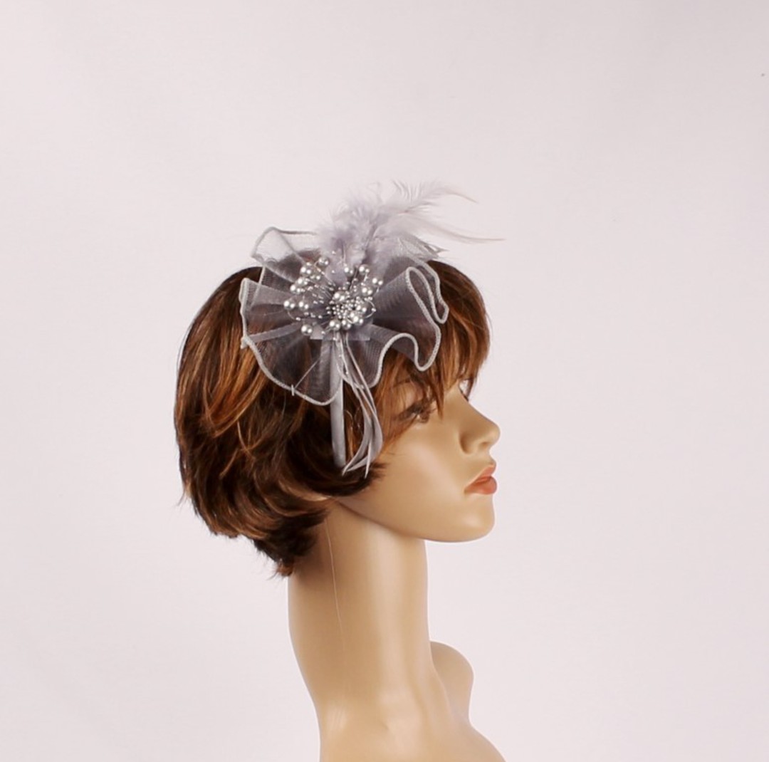  Head band crin  fascinator w feathers and beads silver STYLE: HS/4677 /SIL image 0
